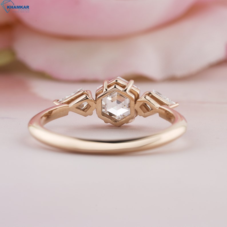 Hexagon Cut Three Stone Lab Diamond Engagement Ring