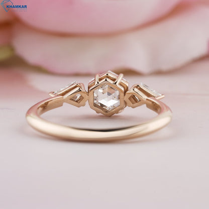 Hexagon Cut Three Stone Lab Diamond Engagement Ring