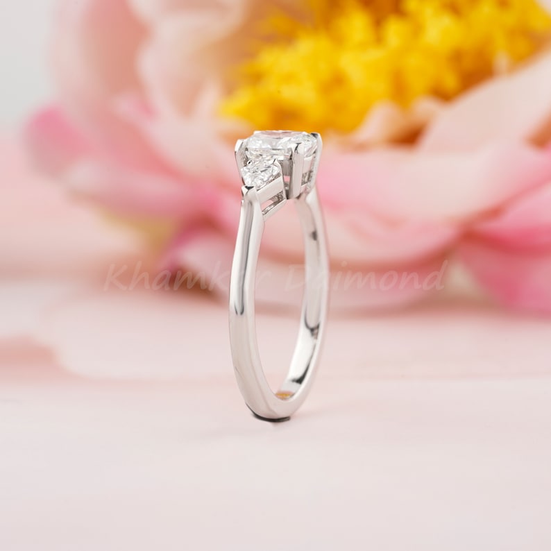 Cushion Lab Diamond Three Stone Ring Antique Style Engagement Ring