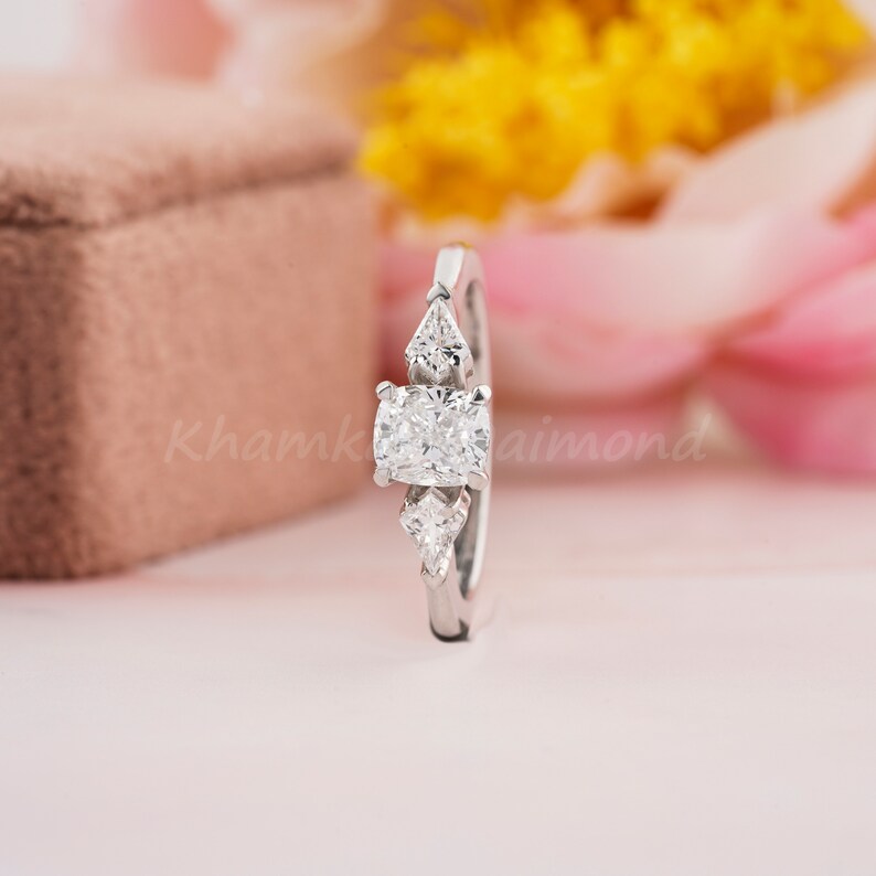 Cushion Lab Diamond Three Stone Ring Antique Style Engagement Ring