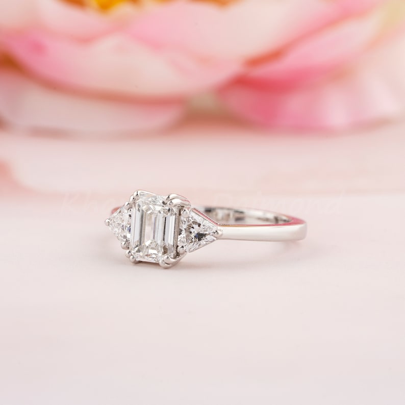 1CT Emerald Lab Diamond Ring, Three Stone Engagement Ring for Women