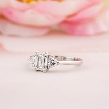 1CT Emerald Lab Diamond Ring, Three Stone Engagement Ring for Women