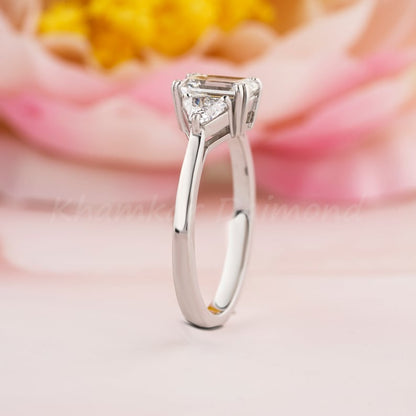 1CT Emerald Lab Diamond Ring, Three Stone Engagement Ring for Women