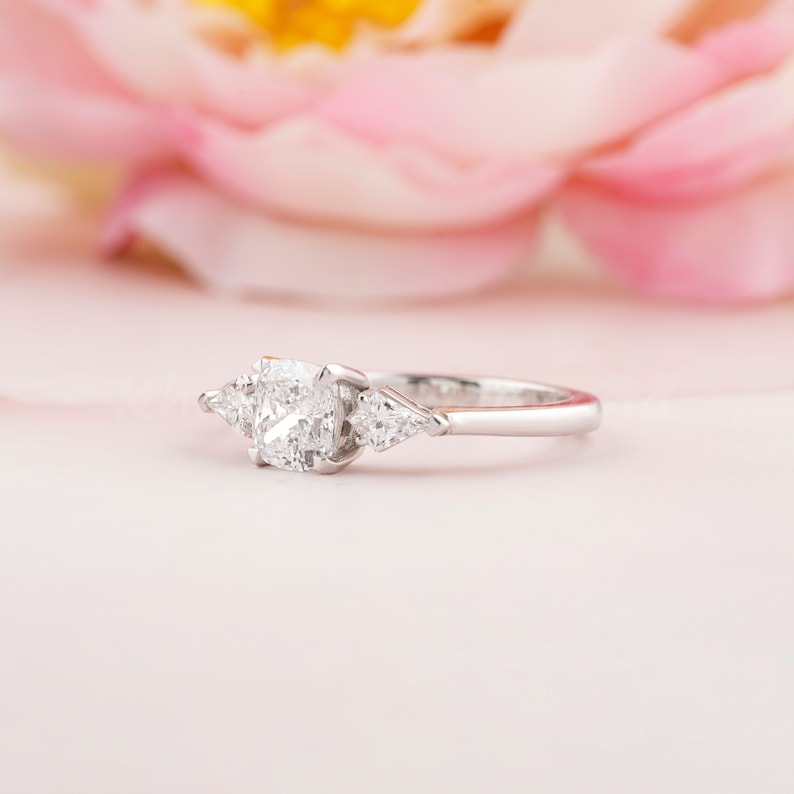 Cushion Lab Diamond Three Stone Ring Antique Style Engagement Ring
