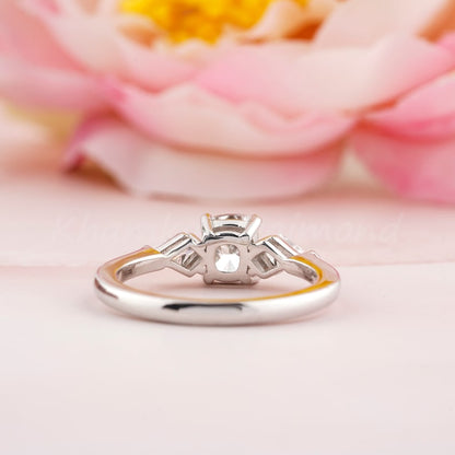 Cushion Lab Diamond Three Stone Ring Antique Style Engagement Ring
