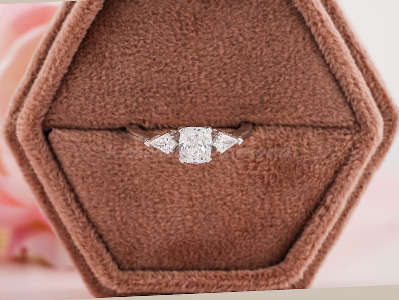 Cushion Lab Diamond Three Stone Ring Antique Style Engagement Ring