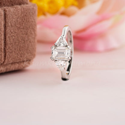 1CT Emerald Lab Diamond Ring, Three Stone Engagement Ring for Women