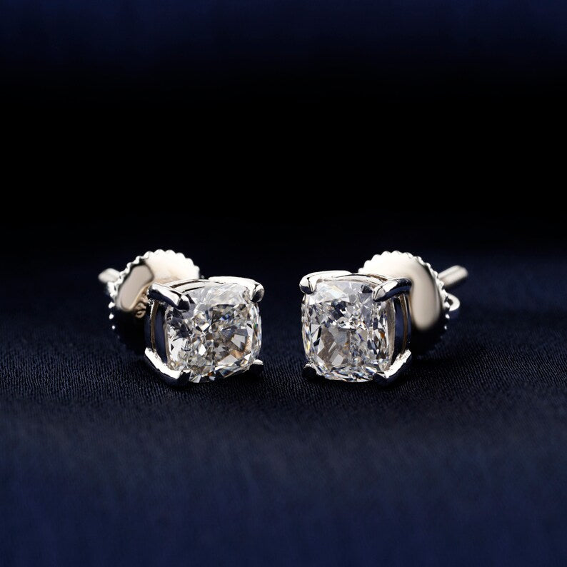 2 CT Cushion Cut Diamond Screw Back Stud Earrings Solitaire Lab Grown Diamond 4 Prong Set Earrings 14K Gold Conflict Free Diamond Earrings