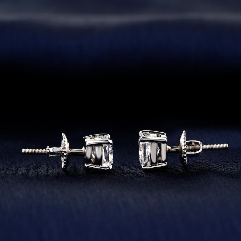 2 CT Cushion Cut Diamond Screw Back Stud Earrings Solitaire Lab Grown Diamond 4 Prong Set Earrings 14K Gold Conflict Free Diamond Earrings