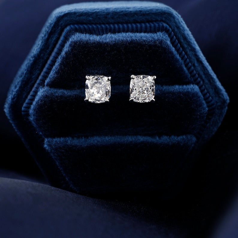 2 CT Cushion Cut Diamond Screw Back Stud Earrings Solitaire Lab Grown Diamond 4 Prong Set Earrings 14K Gold Conflict Free Diamond Earrings