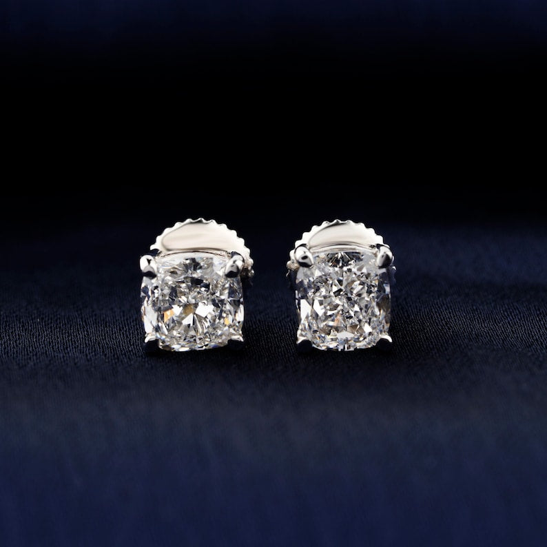 2 CT Cushion Cut Diamond Screw Back Stud Earrings Solitaire Lab Grown Diamond 4 Prong Set Earrings 14K Gold Conflict Free Diamond Earrings