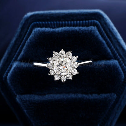 Cushion Cut Solitaire Lab Diamond Ring Halo Engagement Ring for Her
