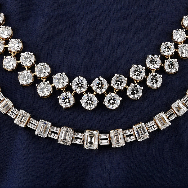 Bridal Diamond Necklace/ Round-Emerald Lab Grown Diamond Necklace/ Wedding Diamond Necklace For Bride/ 14K White Gold Diamond Necklace