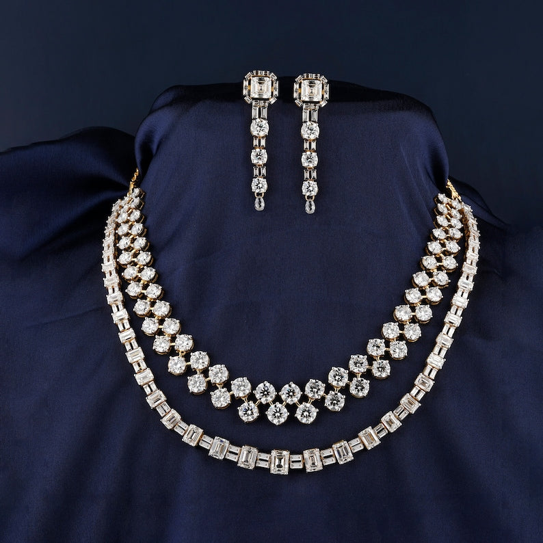 Bridal Diamond Necklace/ Round-Emerald Lab Grown Diamond Necklace/ Wedding Diamond Necklace For Bride/ 14K White Gold Diamond Necklace