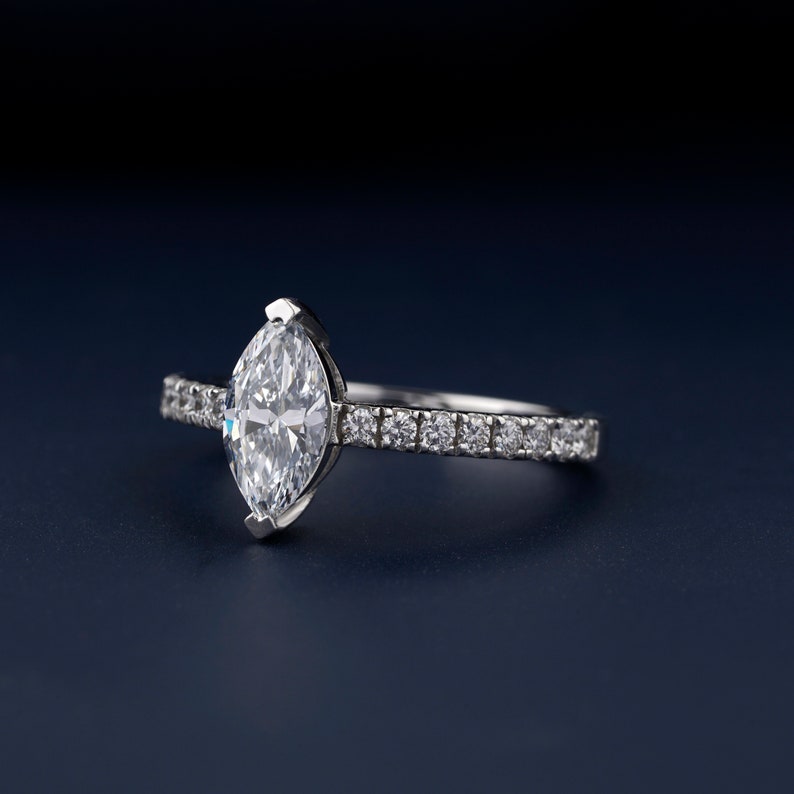 Marquise Lab Diamond Ring, Halo Pave Engagement Ring For Her
