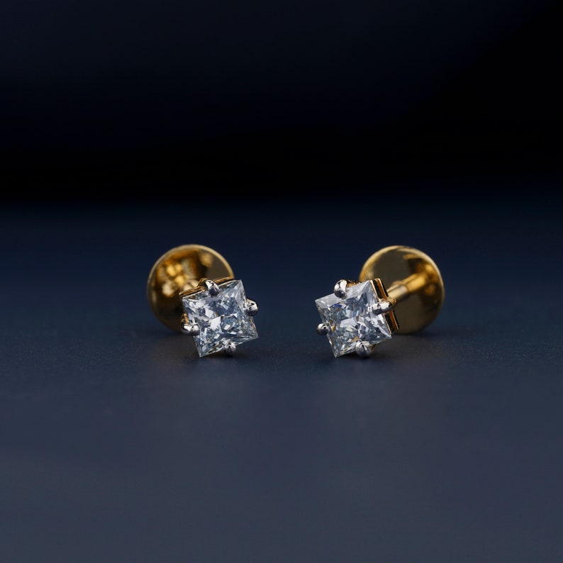 0.80 CT Light Blue Princess Diamond Screw Back Stud Earrings 4 Prong Set Lab Grown Diamond Stud Earrings Solitaire Diamond 14K Gold Earring