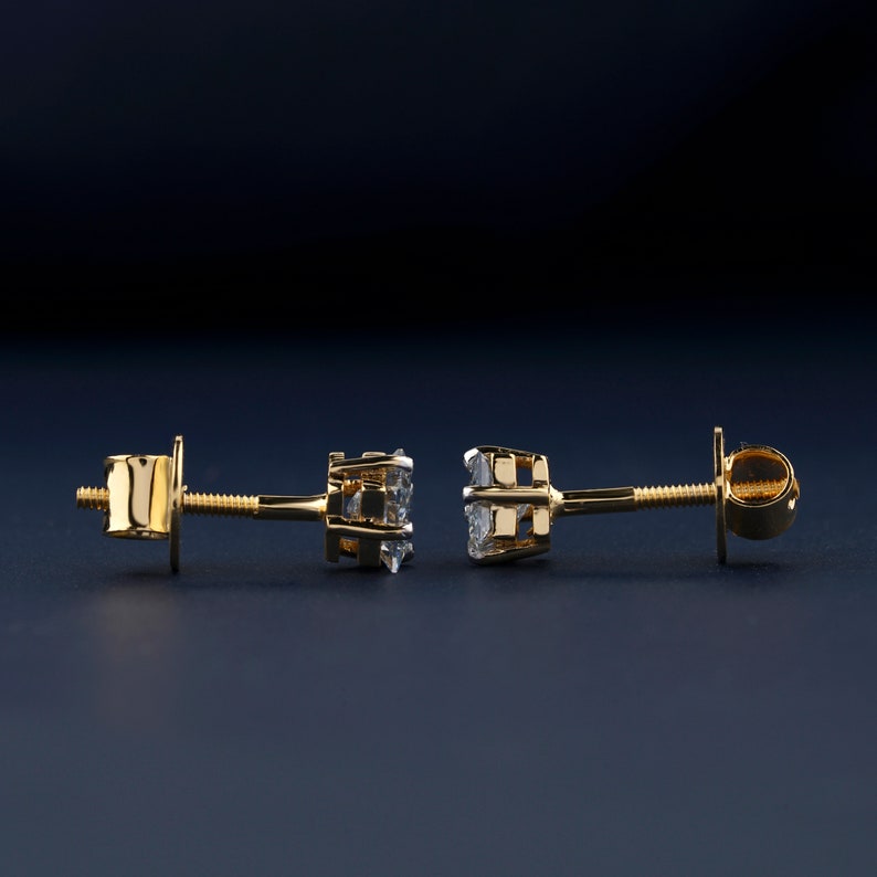 0.80 CT Light Blue Princess Diamond Screw Back Stud Earrings 4 Prong Set Lab Grown Diamond Stud Earrings Solitaire Diamond 14K Gold Earring