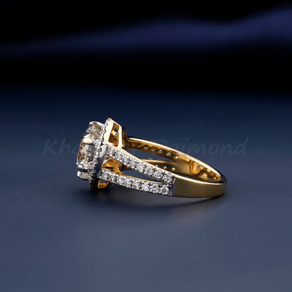 2 CT Round Lab  Diamond Halo Ring – Yellow Gold Engagement Ring