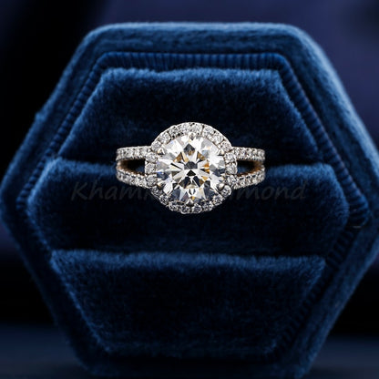 2 CT Round Lab  Diamond Halo Ring – Yellow Gold Engagement Ring