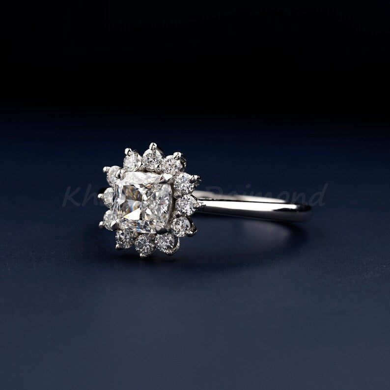 Cushion Cut Solitaire Lab Diamond Ring Halo Engagement Ring for Her