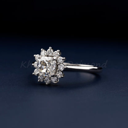 Cushion Cut Solitaire Lab Diamond Ring Halo Engagement Ring for Her