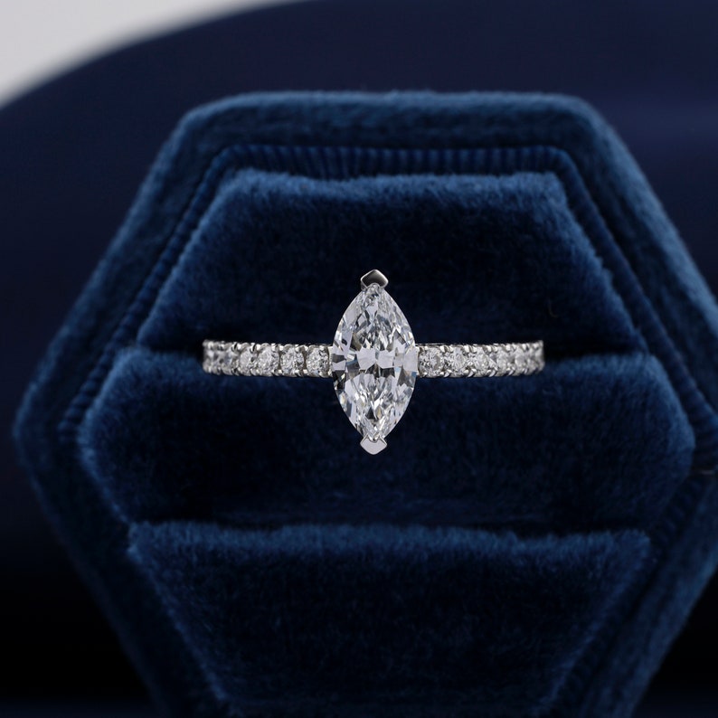Marquise Lab Diamond Ring, Halo Pave Engagement Ring For Her