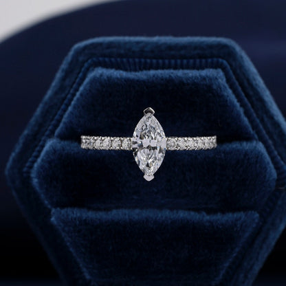 Marquise Lab Diamond Ring, Halo Pave Engagement Ring For Her