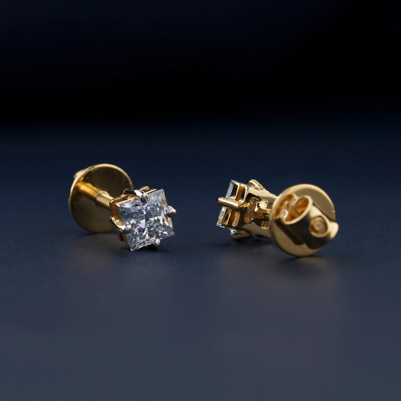 0.80 CT Light Blue Princess Diamond Screw Back Stud Earrings 4 Prong Set Lab Grown Diamond Stud Earrings Solitaire Diamond 14K Gold Earring