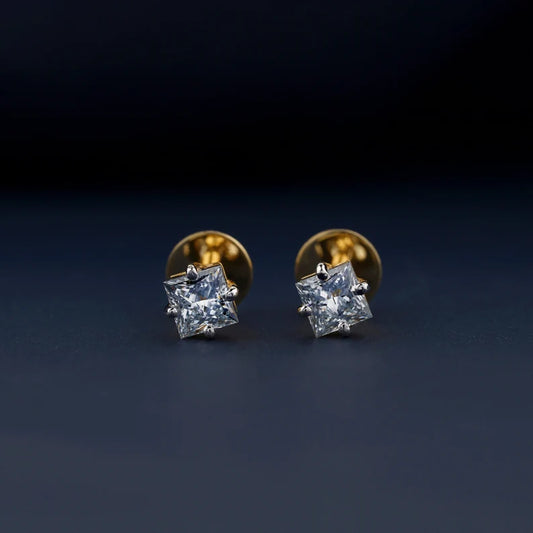 0.80 CT Light Blue Princess Diamond Screw Back Stud Earrings 4 Prong Set Lab Grown Diamond Stud Earrings Solitaire Diamond 14K Gold Earring