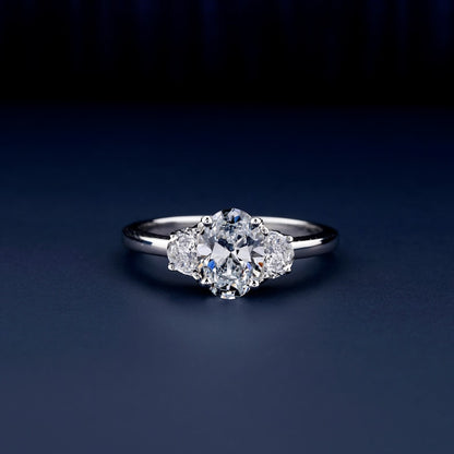 Oval Lab Diamond Three Stone Ring, Half Moon Engagement Ring