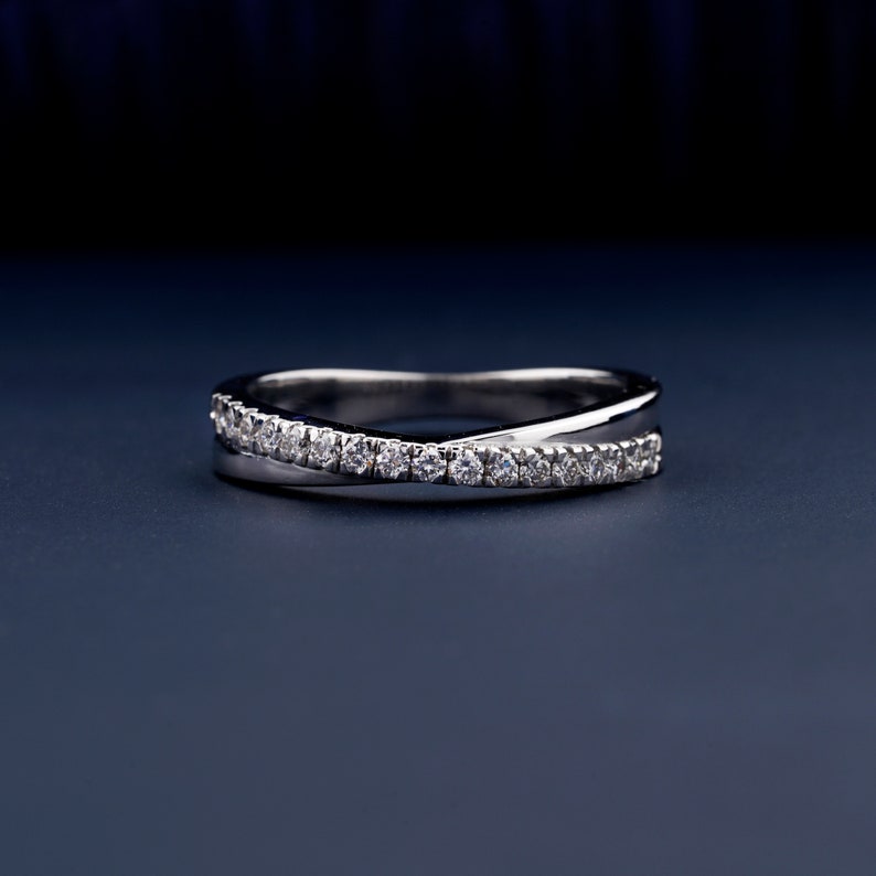 1.60mm Round Lab Grown Diamond Engagement Ring Eternity Diamond Band 14K White Gold Band Criss Cross Round Wedding Band X Diamond Ring