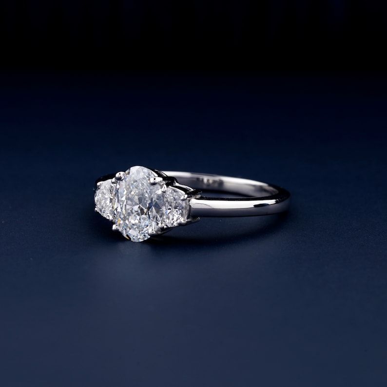 Oval Lab Diamond Three Stone Ring, Half Moon Engagement Ring