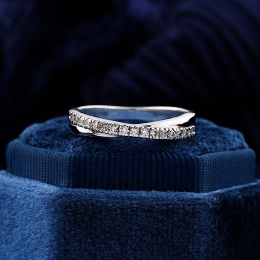 1.60mm Round Lab Grown Diamond Engagement Ring Eternity Diamond Band 14K White Gold Band Criss Cross Round Wedding Band X Diamond Ring