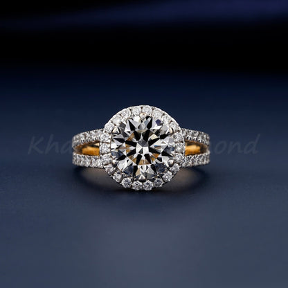 2 CT Round Lab  Diamond Halo Ring – Yellow Gold Engagement Ring