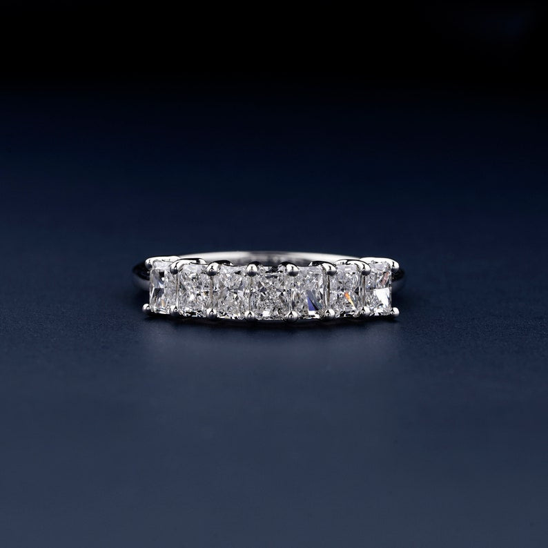 Radiant Cut Lab Grown Diamond Band, Half Eternity Band, 14K Gold Stackable Wedding Ring,7 Stone Ring, Anniversary Ring for Her