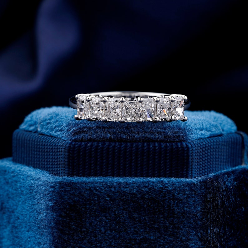 Radiant Cut Lab Grown Diamond Band, Half Eternity Band, 14K Gold Stackable Wedding Ring,7 Stone Ring, Anniversary Ring for Her