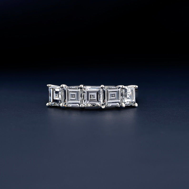 Each 0.40 CT Carre Cut Lab Grown Diamond Band,Half Eternity Band,Bridal Wedding Band,5 Stone Ring,Gift For Her