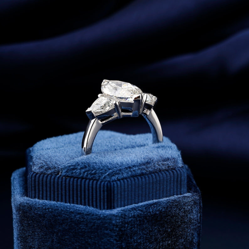 Marquise Cut Diamond Ring,0.25-4 CT Marquise Lab Grown Diamond Engagement Ring,Trilliant Cut Diamond Wedding Ring,Three Stone Ring,For Gifts