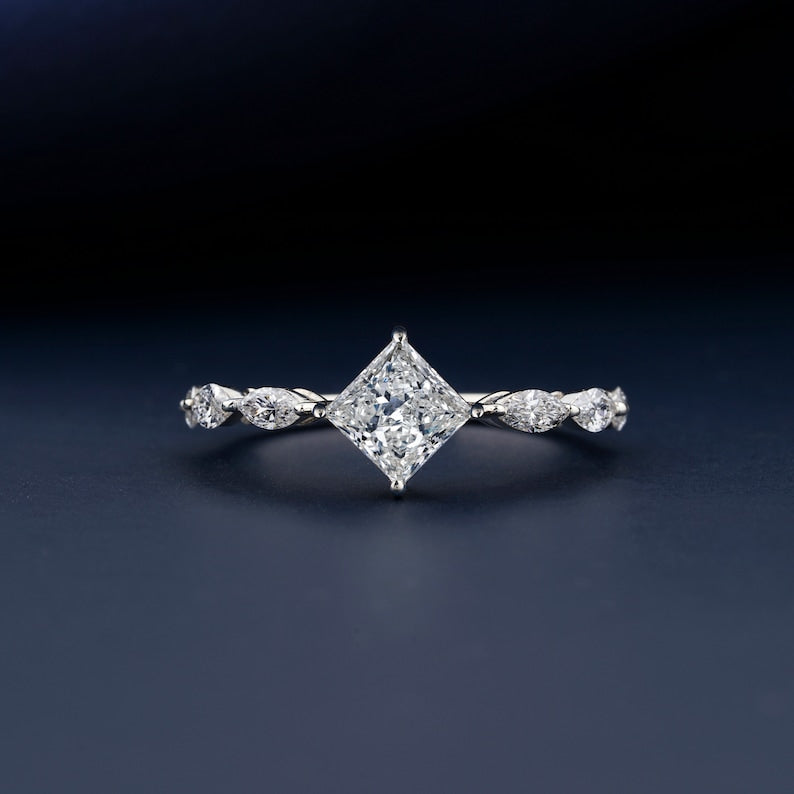 1CT Princess Lab Grown Diamond Engagement Ring,Distance Pave Ring,Proposal Ring, Anniversary Gift,Valentine's Ring Gift, Bridal Wedding Ring