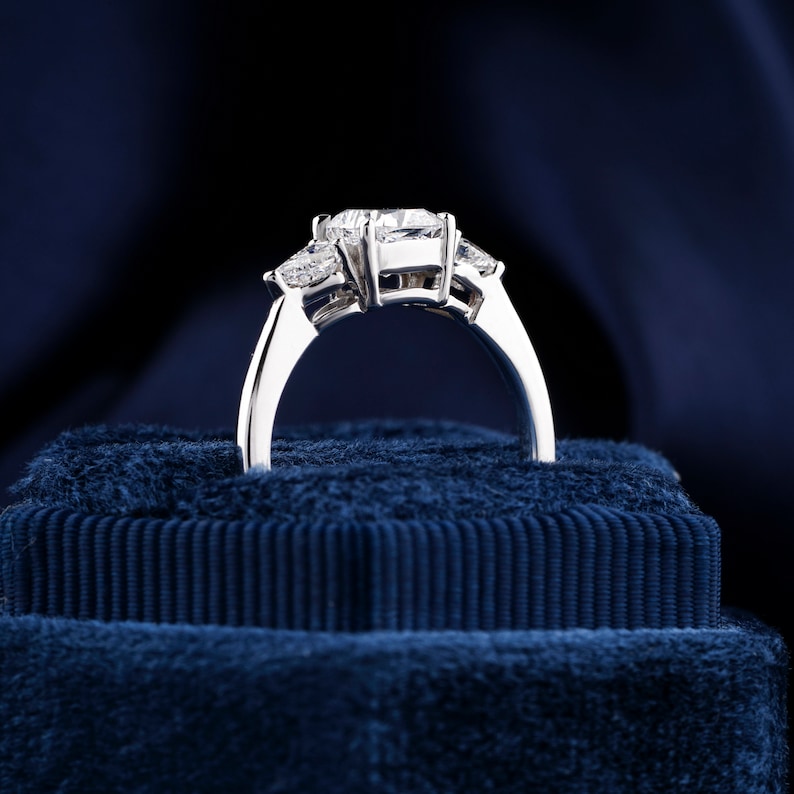 Cushion Cut Diamond Ring,1 Ct Lab Grown Diamond Engagement Ring E/VS1,Kite Cut Side Stone Wedding Ring,Three Stone Diamond Anniversary Ring