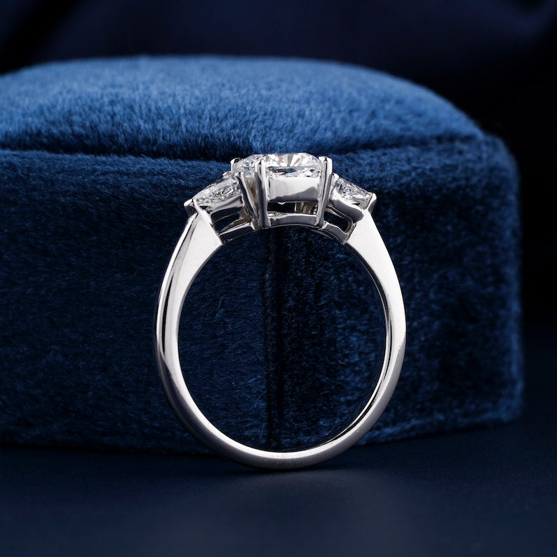 Cushion Cut Diamond Ring,1 Ct Lab Grown Diamond Engagement Ring E/VS1,Kite Cut Side Stone Wedding Ring,Three Stone Diamond Anniversary Ring