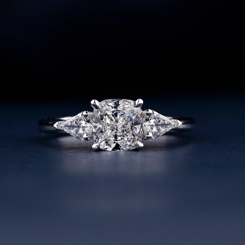 Cushion Cut Diamond Ring,1 Ct Lab Grown Diamond Engagement Ring E/VS1,Kite Cut Side Stone Wedding Ring,Three Stone Diamond Anniversary Ring