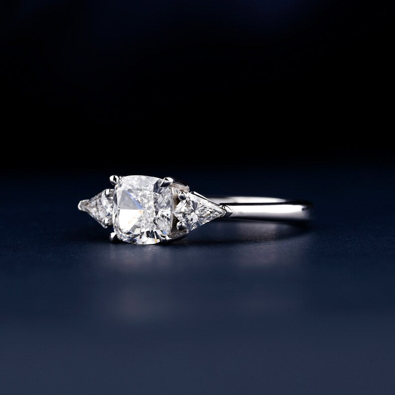 Cushion Cut Diamond Ring,1 Ct Lab Grown Diamond Engagement Ring E/VS1,Kite Cut Side Stone Wedding Ring,Three Stone Diamond Anniversary Ring