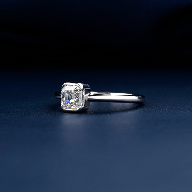 Asscher Lab Diamond Solitaire Ring, Bezel Set Engagement Ring