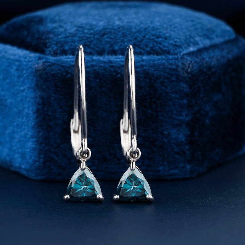 1 Carat Blue Trilliant Lab Diamond White Gold Earrings.