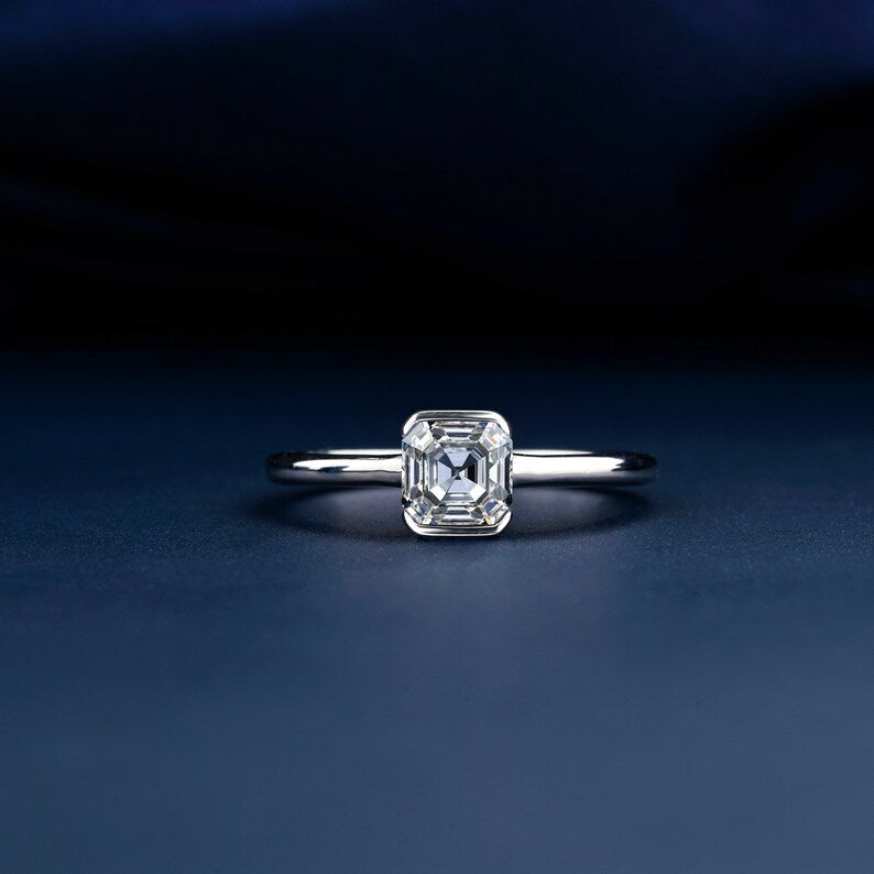 Asscher Lab Diamond Solitaire Ring, Bezel Set Engagement Ring