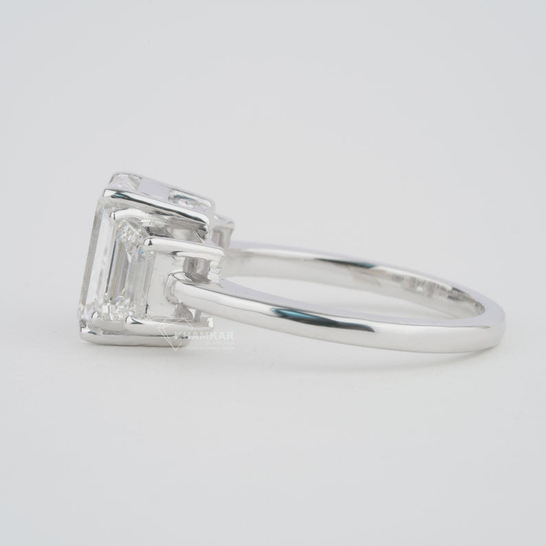 Emerald Lab Diamond Three Stone Ring with Trapezoid Sides