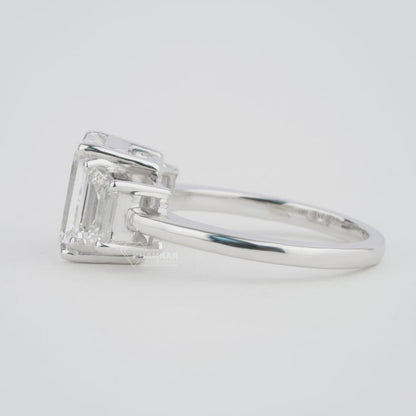 Emerald Lab Diamond Three Stone Ring with Trapezoid Sides
