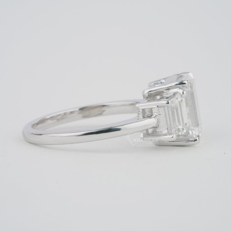 Emerald Lab Diamond Three Stone Ring with Trapezoid Sides