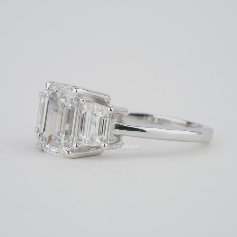 Emerald Lab Diamond Three Stone Ring with Trapezoid Sides